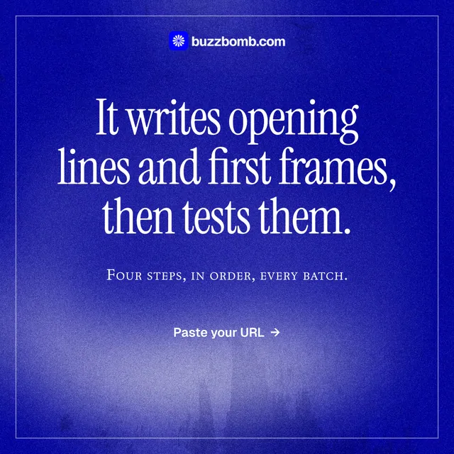 Instagram post for BuzzBomb: "It writes opening lines and first frames, then tests them." Editorial style, smallcaps layout, dark palette in blue.