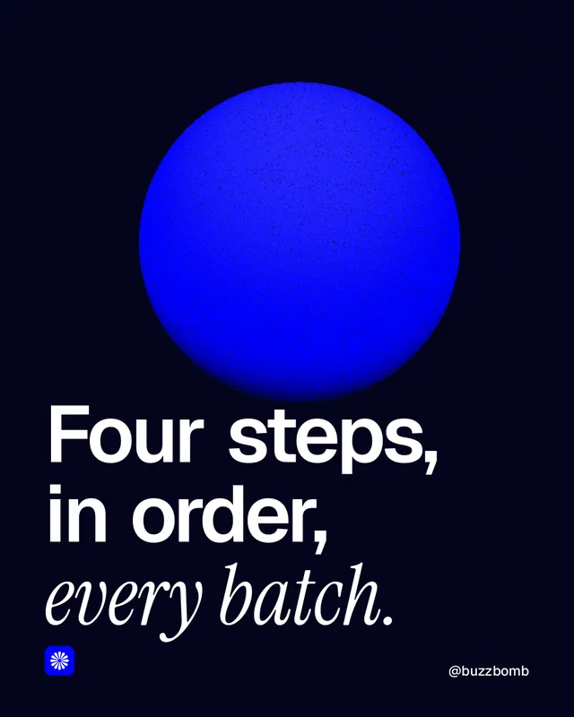 Instagram portrait post for BuzzBomb: "Four steps, in order, every batch." Auto 4x5 style, technique:shader field layout, dark palette in black, blue.
