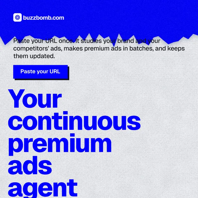 Instagram post for BuzzBomb: "Your continuous premium ads agent." Paper trio style, oversized layout, light palette in blue, white.