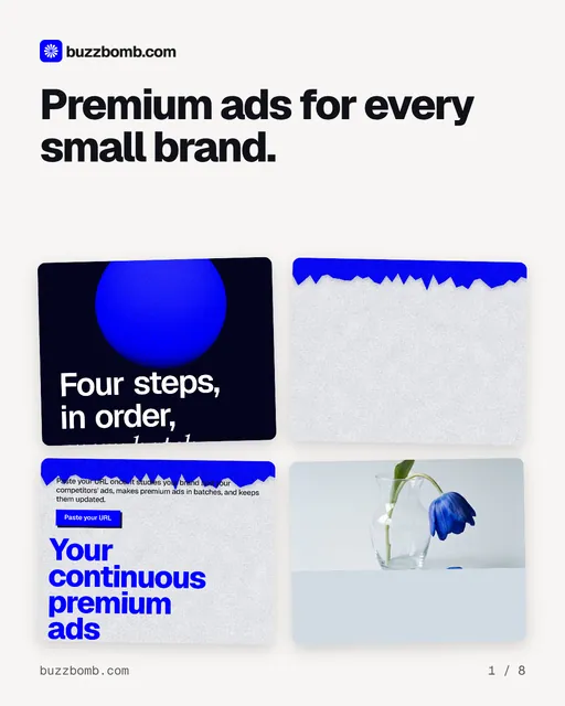 Carousel for BuzzBomb: "Premium ads for every small brand.". Collection carousel, 8 slides, light palette.