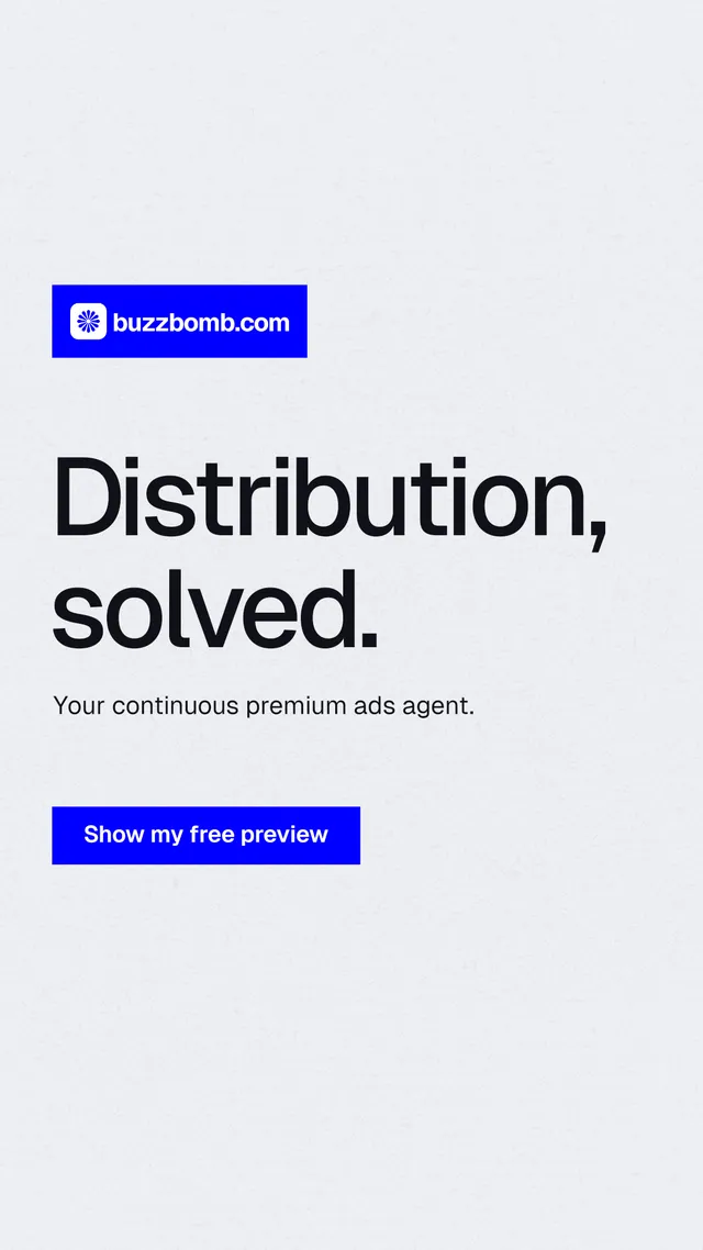 Instagram story for BuzzBomb: "Distribution, solved." Swiss style, announce layout, light palette in white, blue.