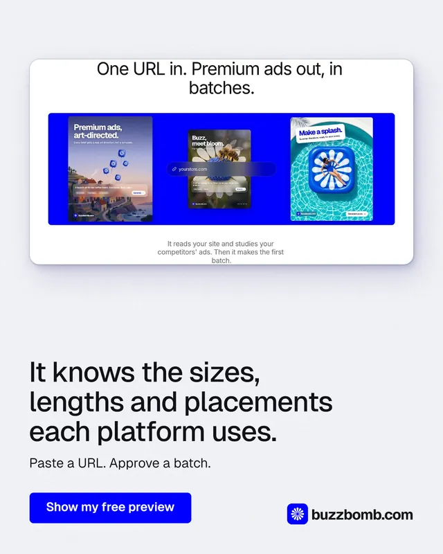 Instagram portrait post for BuzzBomb: "It knows the sizes, lengths and placements each platform uses." Data card style, bottom layout, light palette in white, blue.