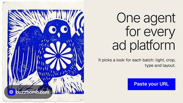 Landscape graphic for BuzzBomb: "One agent for every ad platform". Swiss style, right layout, light palette in yellow, blue, grey.