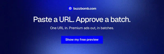 X header for BuzzBomb: "Paste a URL. Approve a batch." Swiss style, centred layout, dark palette in blue.