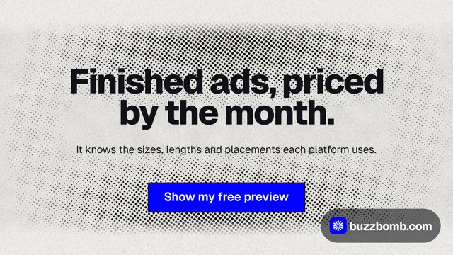 Landscape graphic for BuzzBomb: "Finished ads, priced by the month." Ink sticker style, centred layout, light palette in white, grey.