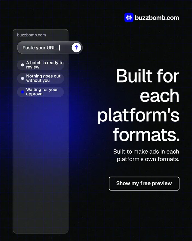 Instagram portrait post for BuzzBomb: "Built for each platform's formats." Phosphor atlas style, right layout, dark palette in black, blue, grey.