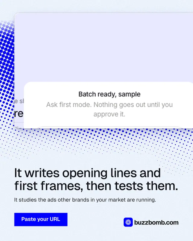 Instagram portrait post for BuzzBomb: "It writes opening lines and first frames, then tests them." Swiss style, bottom layout, light palette in white, blue.