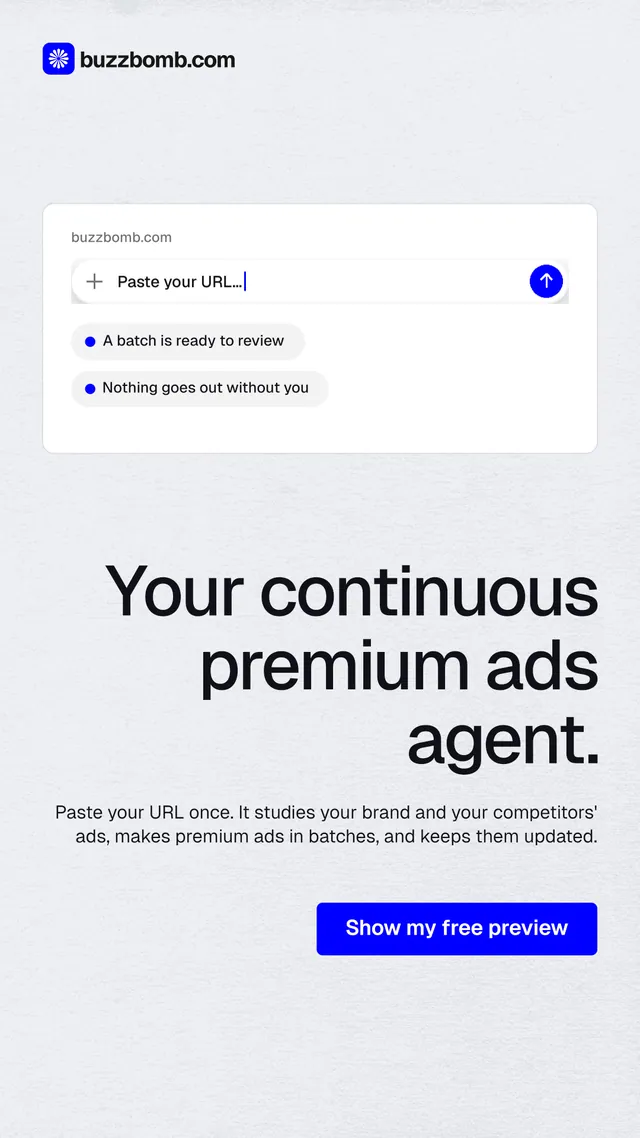 Instagram story for BuzzBomb: "Your continuous premium ads agent." Data card style, right layout, light palette in white, blue.