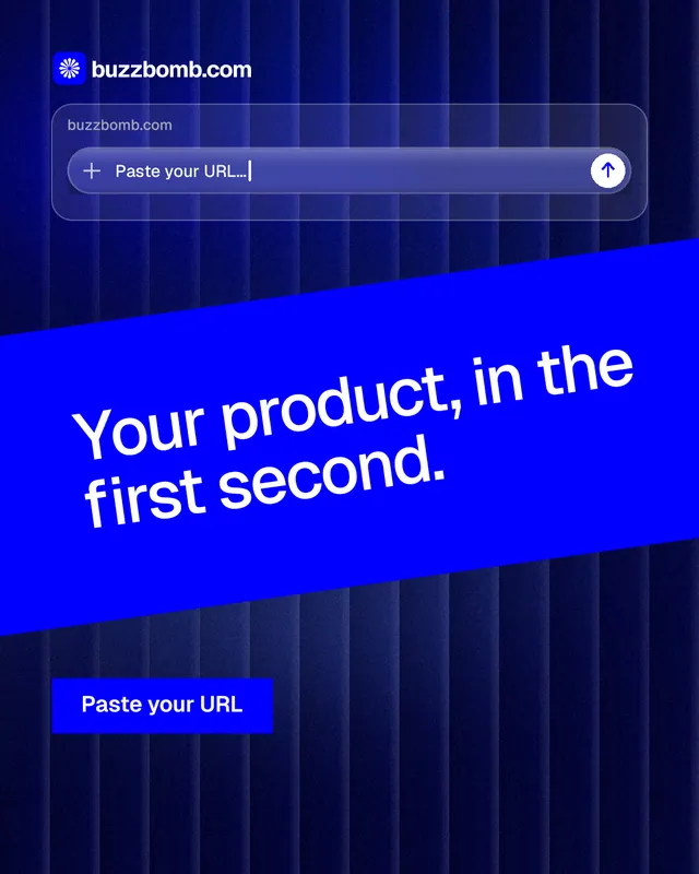 Instagram portrait post for BuzzBomb: "Your product, in the first second." Swiss style, diagonal layout, dark palette in blue.