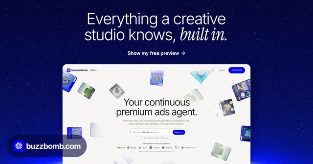 Social ad for BuzzBomb: "Everything a creative studio knows, built in." Swiss style, ogui layout, dark palette in white, blue.