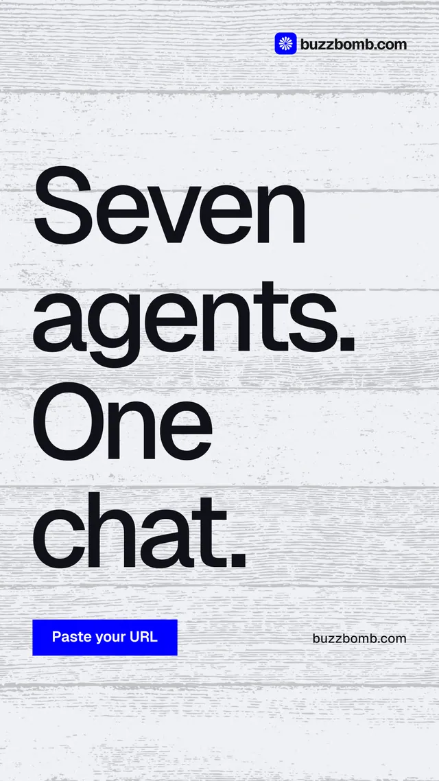 Instagram story for BuzzBomb: "Seven agents. One chat." Swiss style, poster layout, light palette in white, grey.