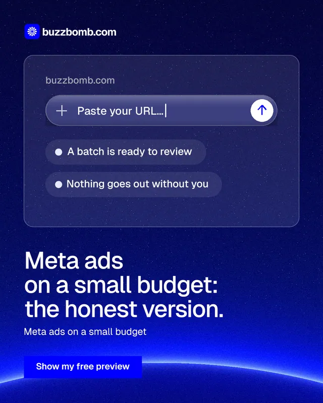 Instagram portrait post for BuzzBomb: "Meta ads on a small budget: the honest version." Swiss style, bottom layout, dark palette in blue.