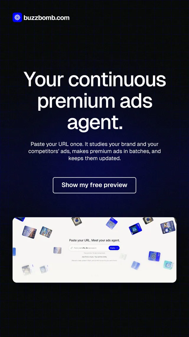 Instagram story for BuzzBomb: "Your continuous premium ads agent." Phosphor atlas style, centred layout, dark palette in black, white, blue.