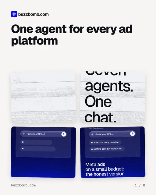 Carousel for BuzzBomb: "One agent for every ad platform". Collection carousel, 8 slides, light palette.