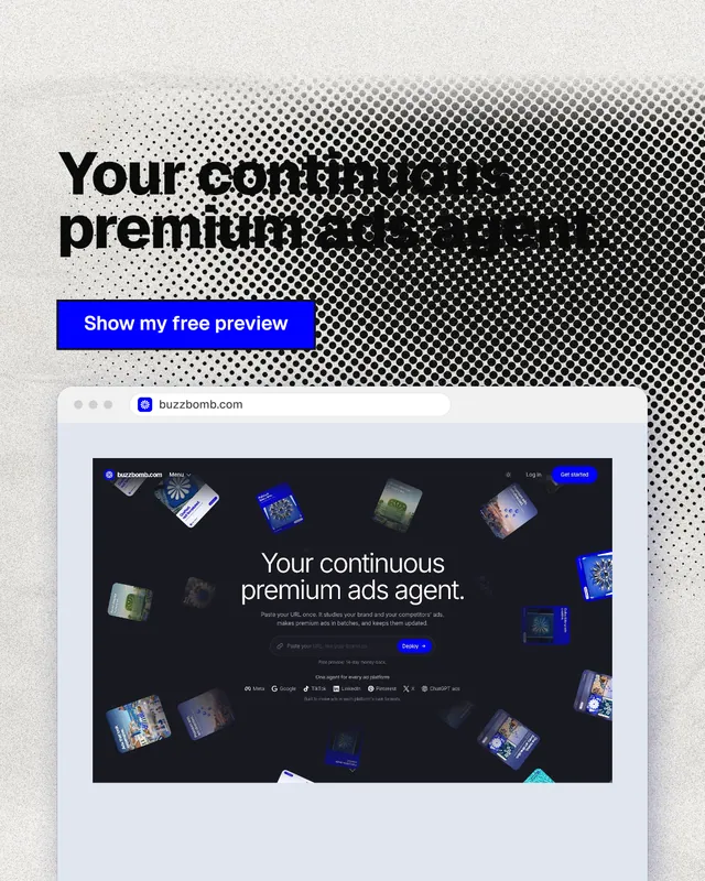 Instagram portrait post for BuzzBomb: "Your continuous premium ads agent." Ink sticker style, browser layout, light palette in grey, blue, white.