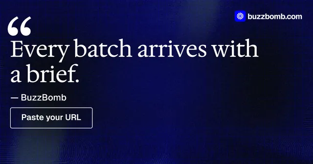 Social ad for BuzzBomb: "Every batch arrives with a brief." Phosphor atlas style, quote layout, dark palette in blue, black.