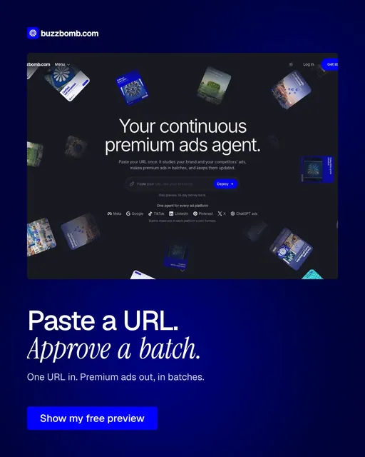 Video for BuzzBomb: "Paste a URL. Approve a batch.". Doc motion loop, 8.0 s, dark palette.