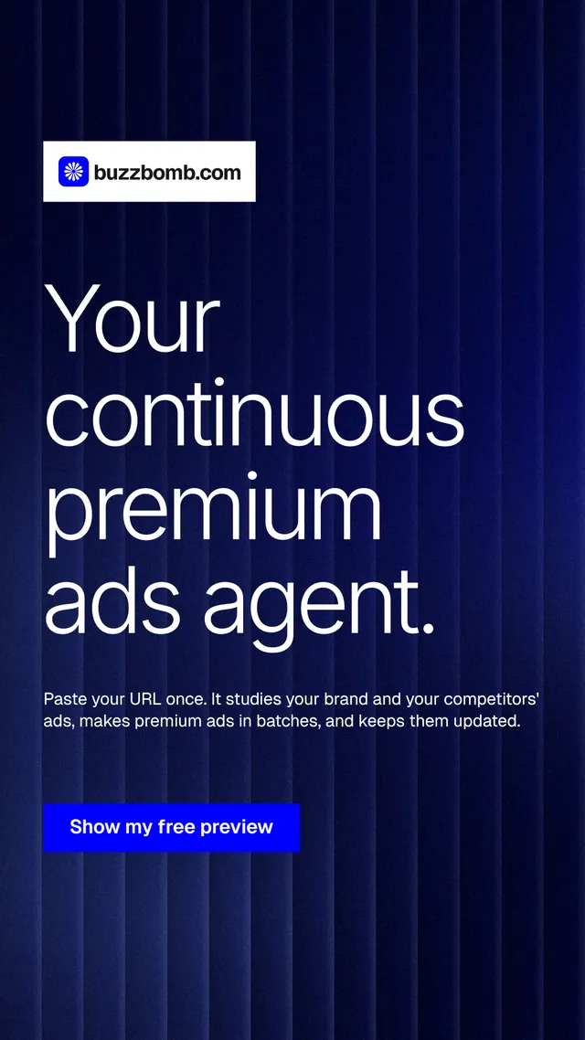 Instagram story for BuzzBomb: "Your continuous premium ads agent." Swiss style, announce layout, dark palette in black, blue, grey.