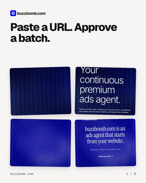 Carousel for BuzzBomb: "Paste a URL. Approve a batch.". Collection carousel, 8 slides, light palette.