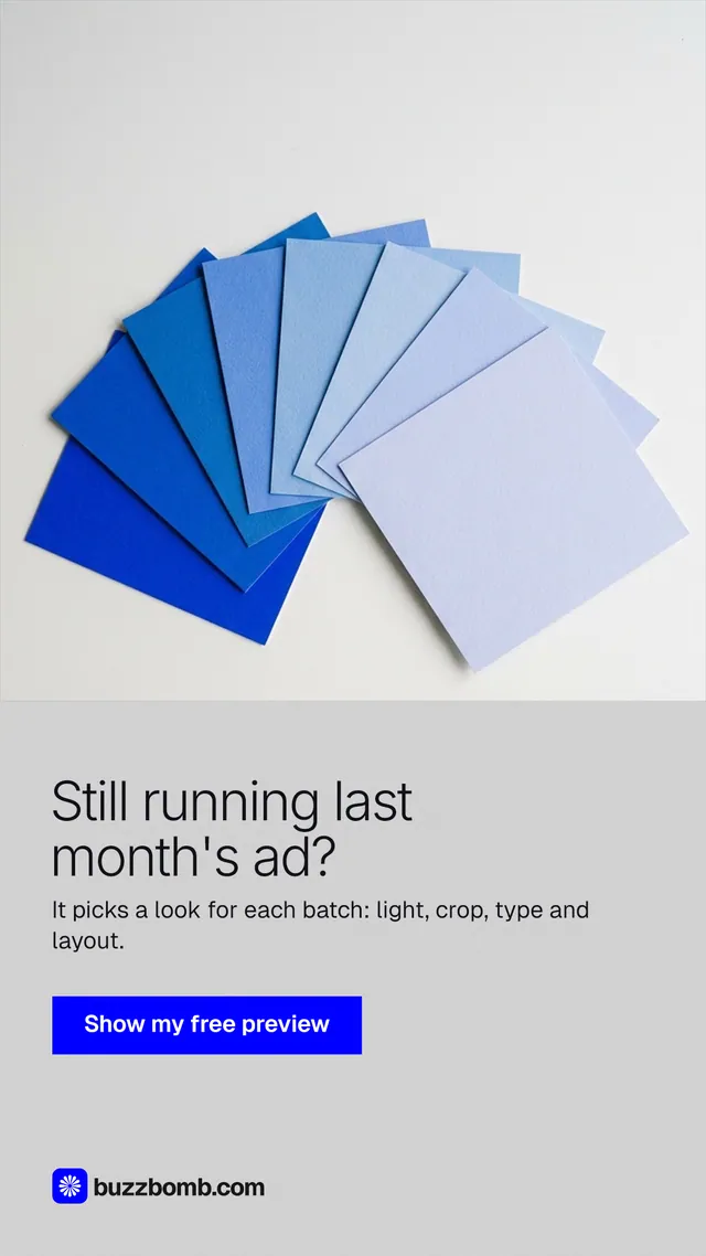 Instagram story for BuzzBomb: "Still running last month's ad?" Swiss style, bottom layout, light palette in white, blue.