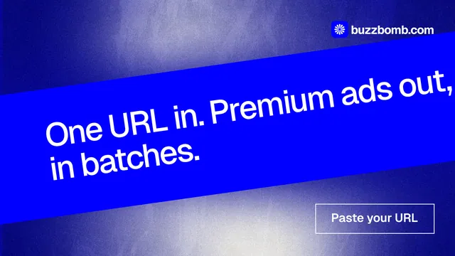 Landscape graphic for BuzzBomb: "One URL in. Premium ads out, in batches." Cyanotype style, diagonal layout, dark palette in blue.