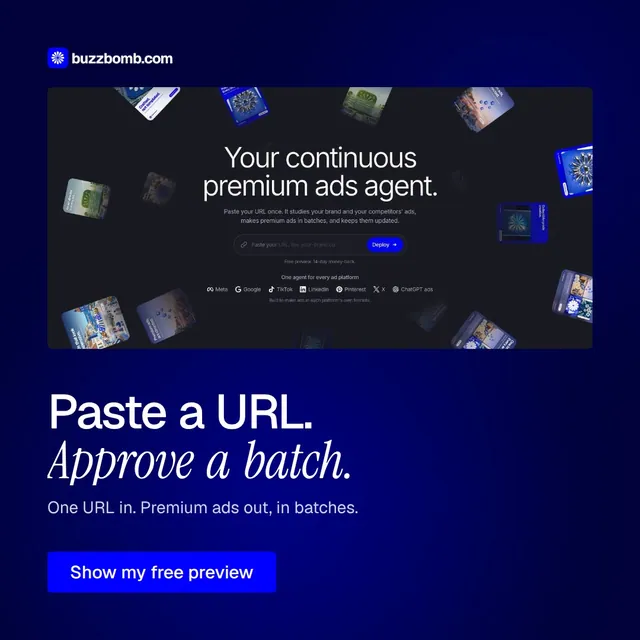 Video for BuzzBomb: "Paste a URL. Approve a batch.". Doc motion loop, 8.0 s, dark palette.