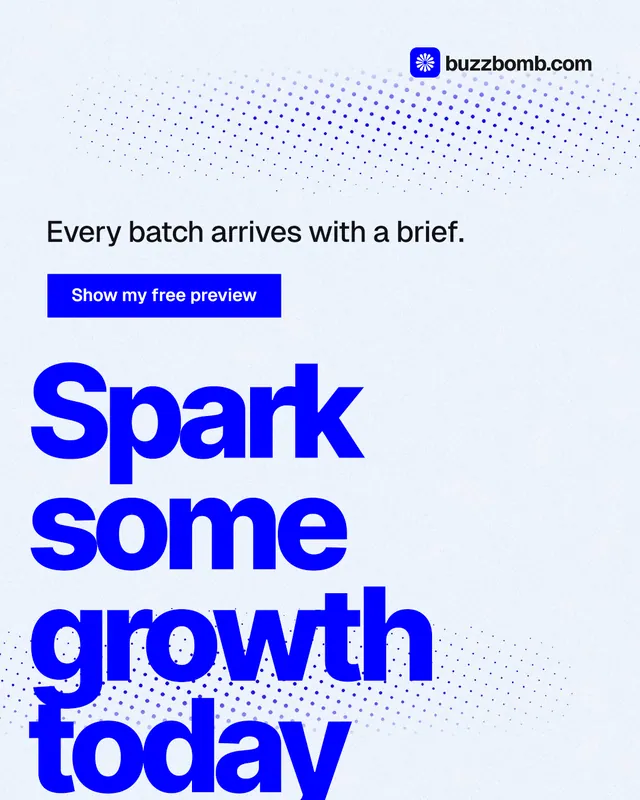 Instagram portrait post for BuzzBomb: "Spark some growth today." Swiss style, oversized layout, light palette in white, blue.