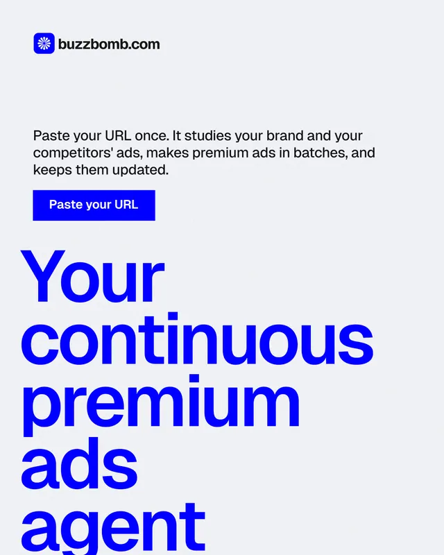 Instagram portrait post for BuzzBomb: "Your continuous premium ads agent." Swiss style, oversized layout, light palette in white, blue.