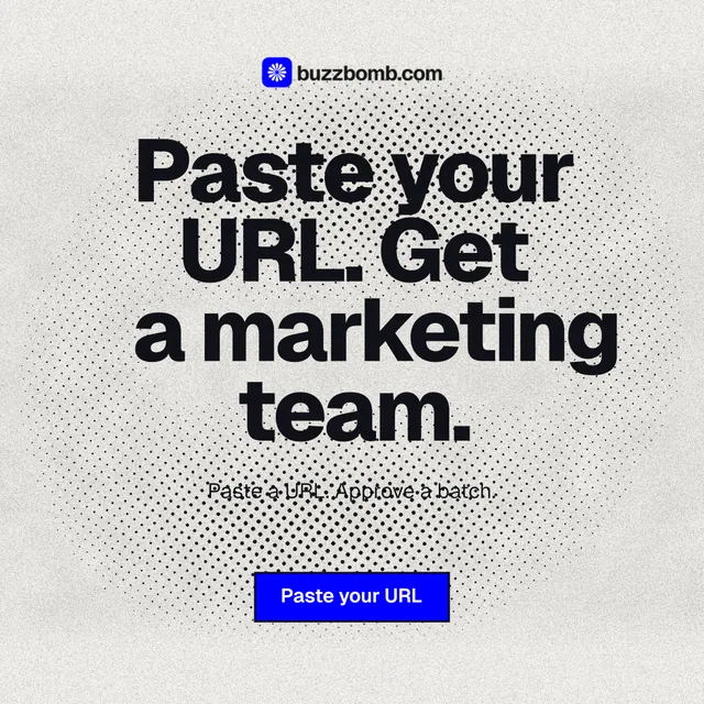Instagram post for BuzzBomb: "Paste your URL. Get a marketing team." Ink sticker style, centred layout, light palette in white, grey.