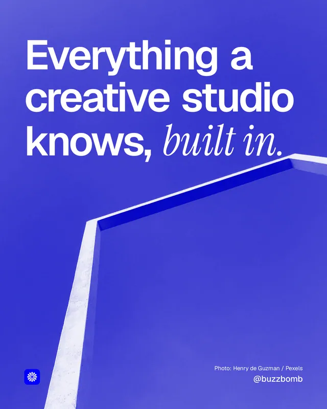 Instagram portrait post for BuzzBomb: "Everything a creative studio knows, built in." Duotone style, technique:pexels ingredient layout, dark palette in blue.