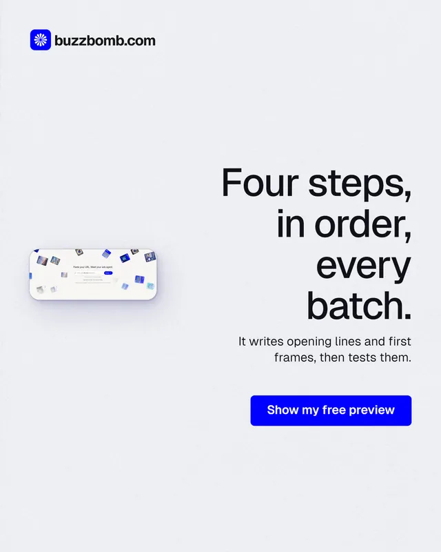 Instagram portrait post for BuzzBomb: "Four steps, in order, every batch." Data card style, right layout, light palette in white, blue.