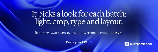 X header for BuzzBomb: "It picks a look for each batch: light, crop, type and layout." Swiss style, smallcaps layout, dark palette in blue.