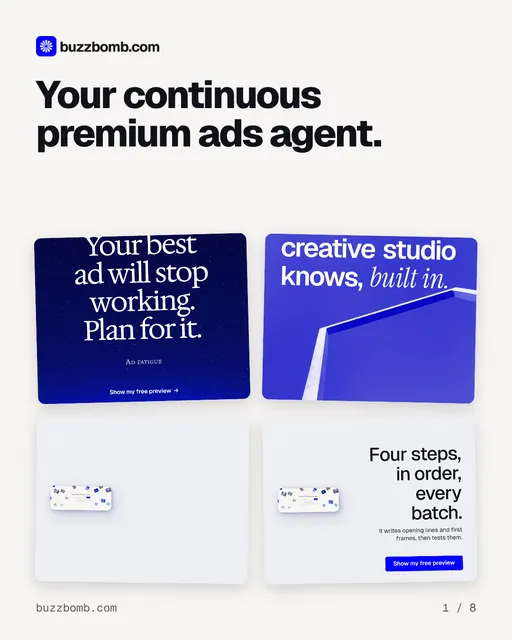 Carousel for BuzzBomb: "Your continuous premium ads agent.". Collection carousel, 8 slides, light palette.