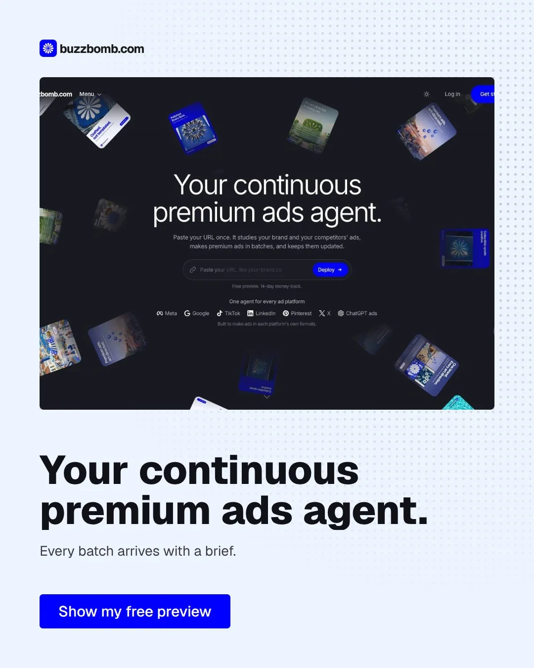 Video for BuzzBomb: "Your continuous premium ads agent.". Doc motion loop, 7.0 s, light palette.