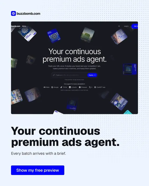 Video for BuzzBomb: "Your continuous premium ads agent.". Doc motion loop, 7.0 s, light palette.