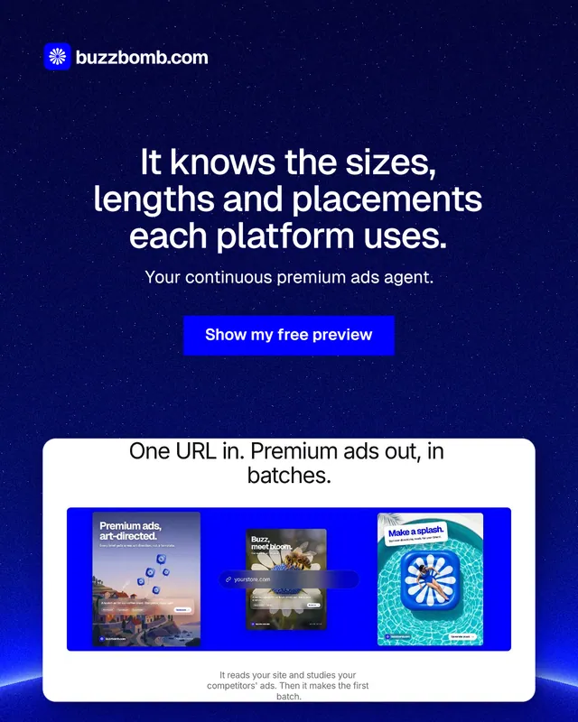 Instagram portrait post for BuzzBomb: "It knows the sizes, lengths and placements each platform uses." Swiss style, centred layout, dark palette in blue, white.