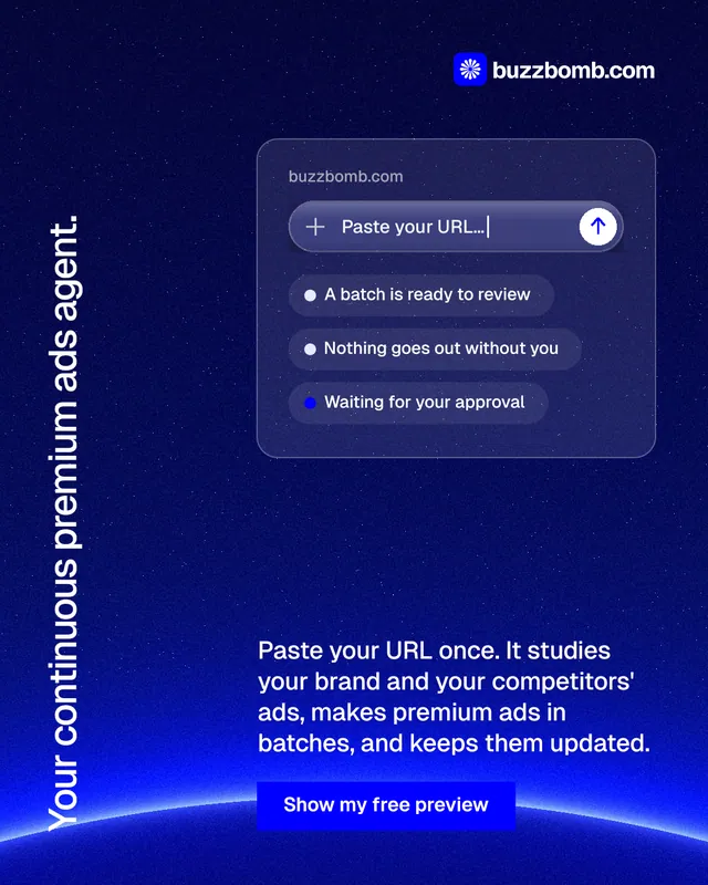 Instagram portrait post for BuzzBomb: "Your continuous premium ads agent." Swiss style, vertical layout, dark palette in blue.