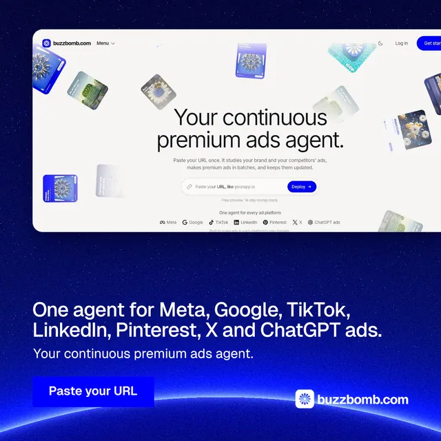 Instagram post for BuzzBomb: "One agent for Meta, Google, TikTok, LinkedIn, Pinterest, X and ChatGPT ads." Swiss style, bottom layout, light palette in white, blue.