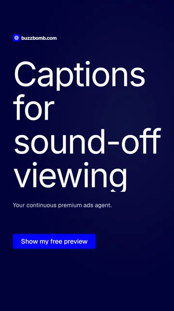 Video for BuzzBomb: "Captions for sound-off viewing". Doc motion loop, 8.0 s, dark palette.