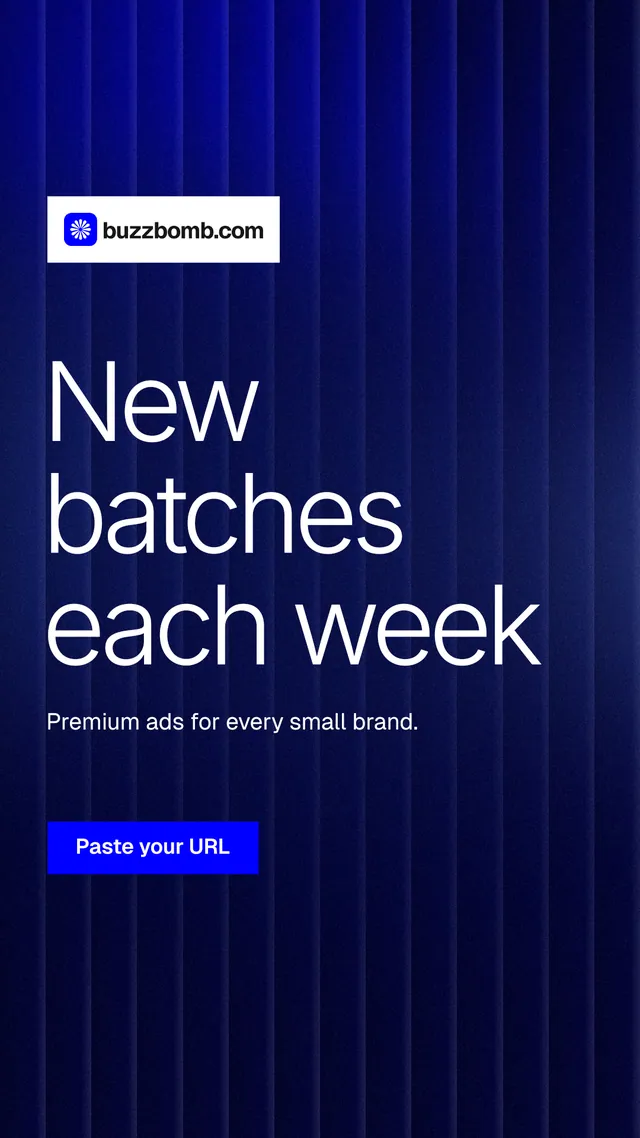 Instagram story for BuzzBomb: "New batches each week". Swiss style, announce layout, dark palette in black, blue.