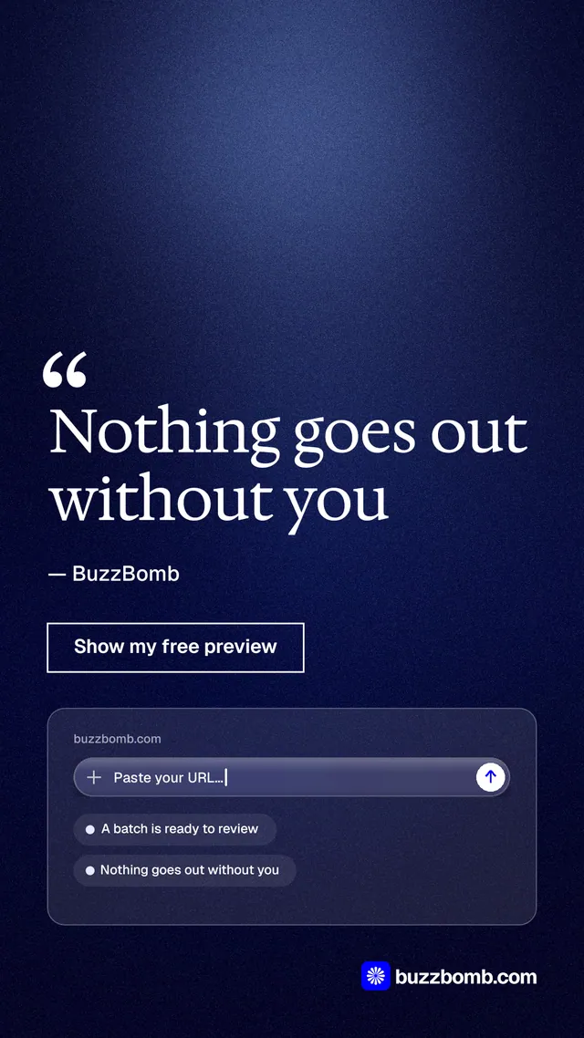 Instagram story for BuzzBomb: "Nothing goes out without you". Dark deco style, quote layout, dark palette in blue, black.