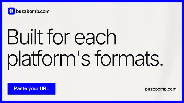 Landscape graphic for BuzzBomb: "Built for each platform's formats." Swiss style, poster layout, light palette in white, blue.