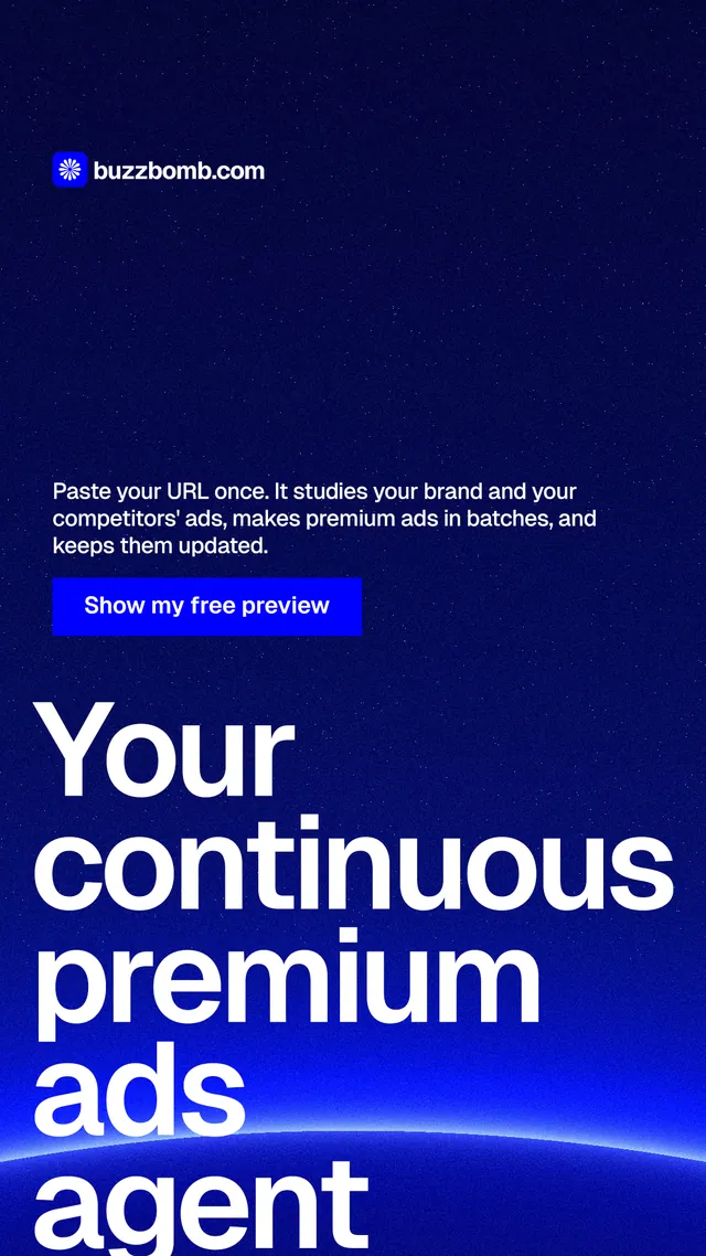 Instagram story for BuzzBomb: "Your continuous premium ads agent." Swiss style, oversized layout, dark palette in blue.