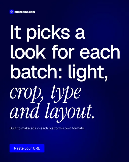 Video for BuzzBomb: "It picks a look for each batch: light, crop, type and layout.". Doc motion loop, 6.0 s, dark palette.