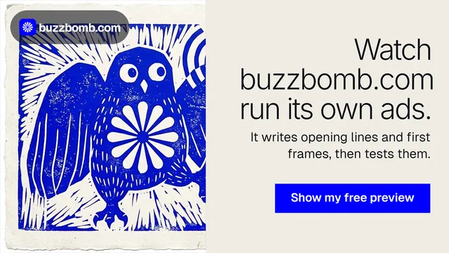 Landscape graphic for BuzzBomb: "Watch buzzbomb.com run its own ads." Swiss style, right layout, light palette in yellow, blue, grey.