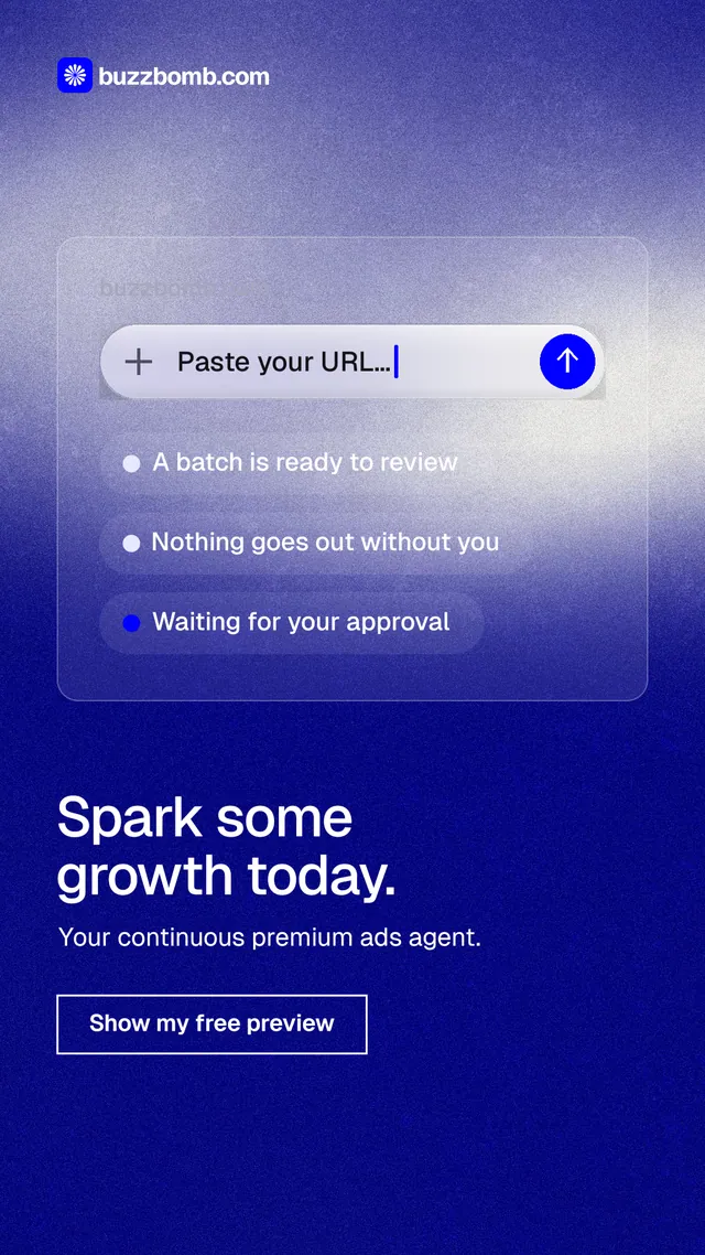 Instagram story for BuzzBomb: "Spark some growth today." Cyanotype style, bottom layout, dark palette in blue.