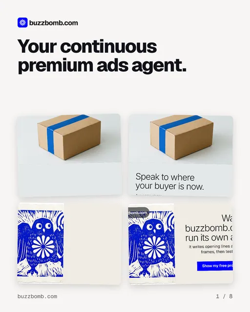 Carousel for BuzzBomb: "Your continuous premium ads agent.". Collection carousel, 8 slides, light palette.