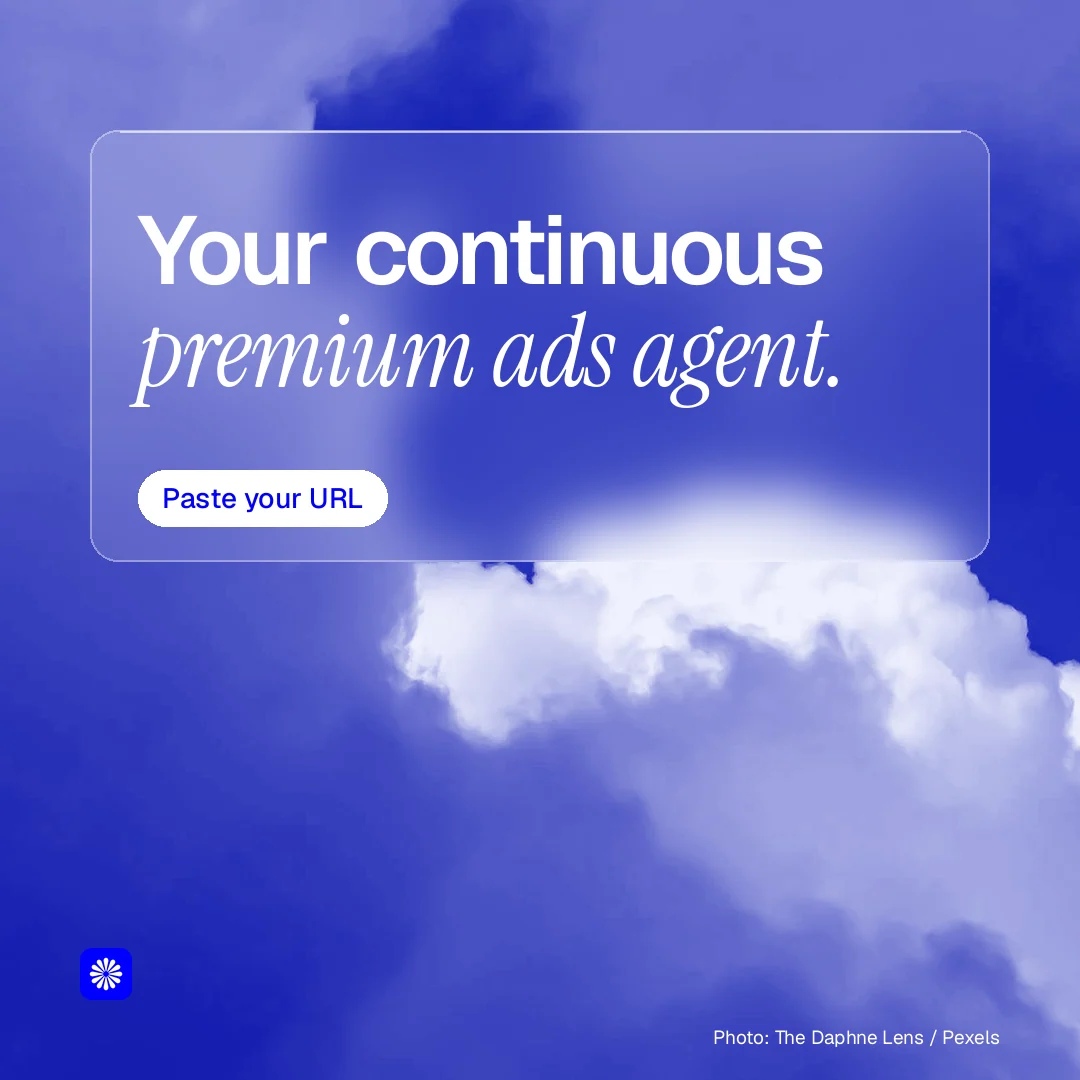 Instagram post for BuzzBomb: "Your continuous premium ads agent." Glass style, technique:pexels ingredient layout, light palette in blue.