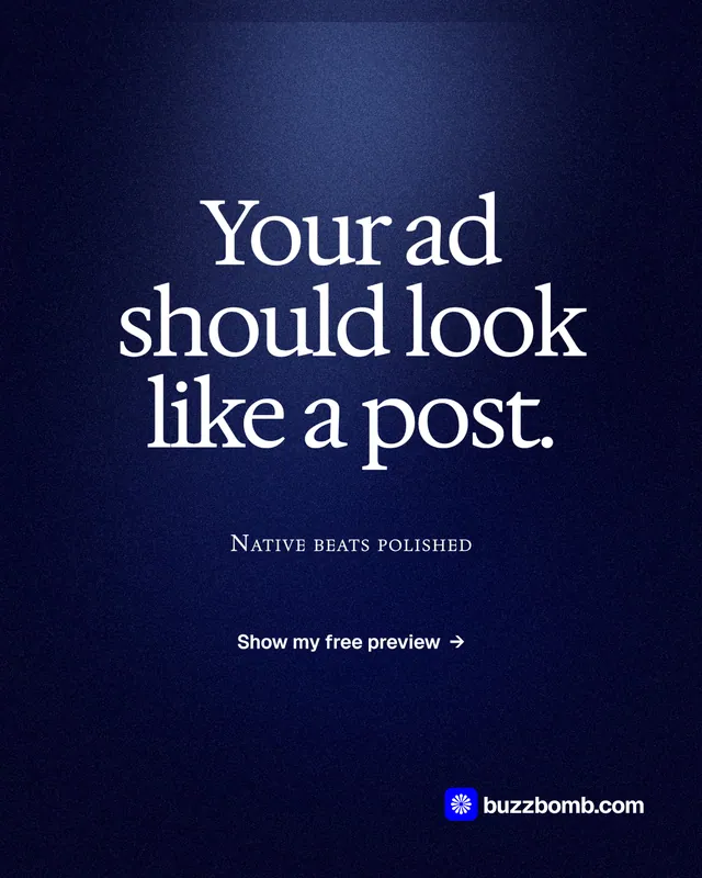 Instagram portrait post for BuzzBomb: "Your ad should look like a post." Dark deco style, smallcaps layout, dark palette in black, blue, grey.