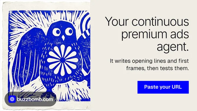 Landscape graphic for BuzzBomb: "Your continuous premium ads agent." Swiss style, right layout, light palette in yellow, blue, grey.